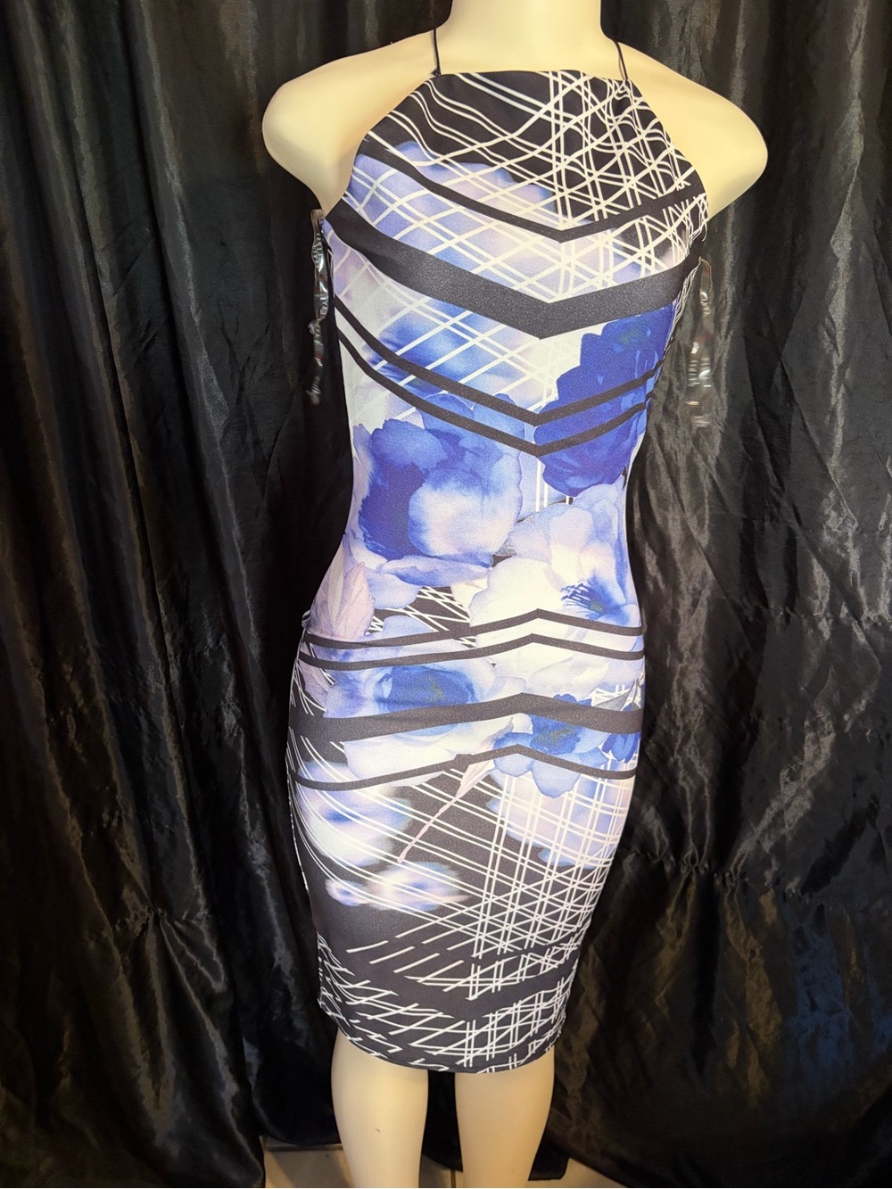 Lipsy Blue & White Floral Halter Midi Dress